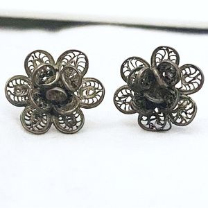 Earrings Floral Rose Vintage Spain Handmade Filigree Studs Silver Tone